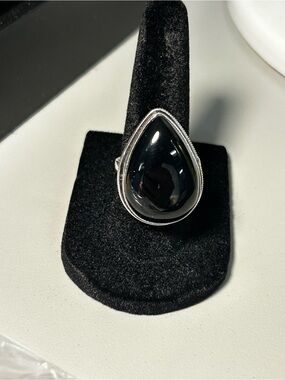Sterling Tone Teardrop Genuine Black Onyx Ring